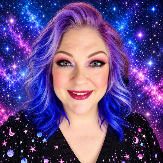 Angie Y — WTAF Angie Y Portrait of Angie Y with purple hair against a galaxy background